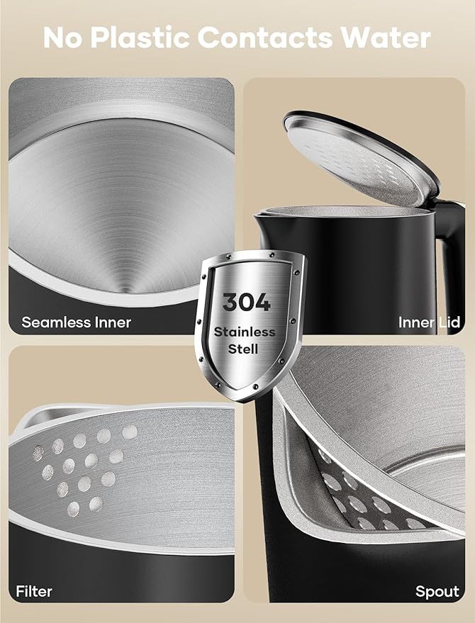 Electric Kettle, 1.7L Double Wall Stainless Steel Cool Touch, Water Boiler & Heater, 1500W Hot Tea Pot, Auto Shut-Off & Boil Dry Protection, BPA-Free, Cordless Base & LED Indicator, Black