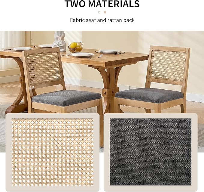Vintage French Country Dining Chairs Set of 2, Rattan Dining Chairs with a Low Square Back, Grey Upholstered Dining Chair, Sillas para Comedor, Kitchen & Dining Room Chair (Gray, Rattan, 2Pcs)