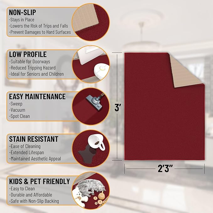 Ottomanson Rugs for Entryway 2'3" x 3' Non Slip Solid Small Area Rugs Durable Front Door Mat Rug Stain Resistant Entrance Rugs for Bathroom Kitchen Bedroom & Living Room, Red