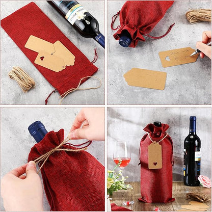 Windyun 100Pcs Burlap Wine Bags Drawstring Wine Bottle Gift Sacks with Tags 5.9 x 13.8 Inch Jute Burlap Plain Wine Bags for Wedding Birthday Blind Tastings Christmas Travel Party (Wine Red)