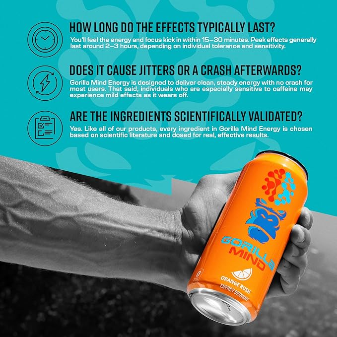 Gorilla Mind Energy Drink | Unmatched Energy · Amplified Focus | N-Acetyl-L-Tyrosine, Alpha-GPC, 200mg Caffeine, Uridine, Saffron | 0 Sugar Or Artificial Colors | 16oz, 12-Pack (Orange Rush)