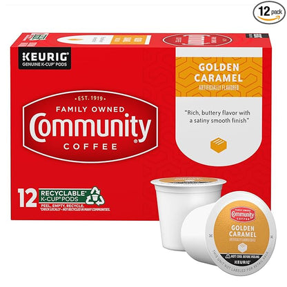 Community Coffee Golden Caramel Flavored Medium Roast Single Serve 12 Ct Box, Compatible with Keurig 2.0 K Cup Brewers, Medium Full Body Rich Creamy Taste, 100% Arabica Coffee Beans
