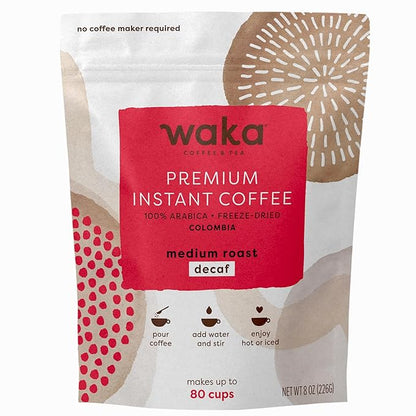 Waka Premium Decaf Instant Coffee Pouch — 100% Colombian Arabica Freeze Dried Beans — For Hot or Iced Coffee (8 Ounces, Decaf Medium Roast)