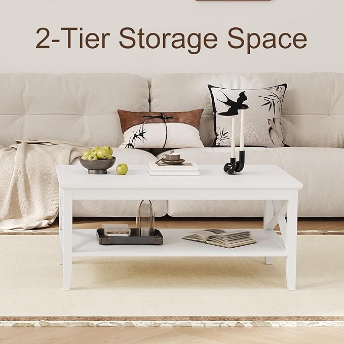 ChooChoo White Coffee Table Classic X Design for Living Room, Rectangular Modern Cocktail Table with Storage Shelf, 39 Inch