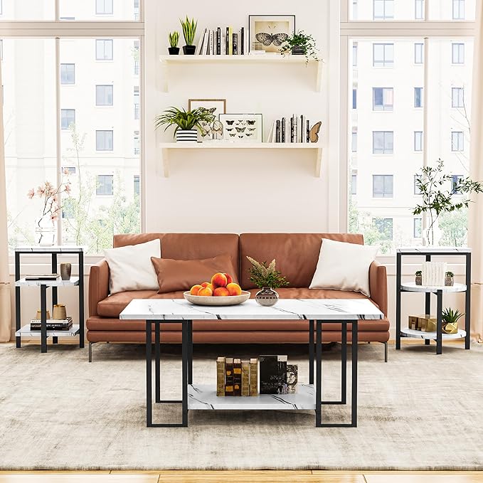 Lamerge Coffee Table Set of 3,Rectangle Coffee Table&2 Accent Table,Faux Marble Tabletop,3 Piece Living Room Table Sets with Multi Tier Storage, for Small Space, Apartment,White & Black