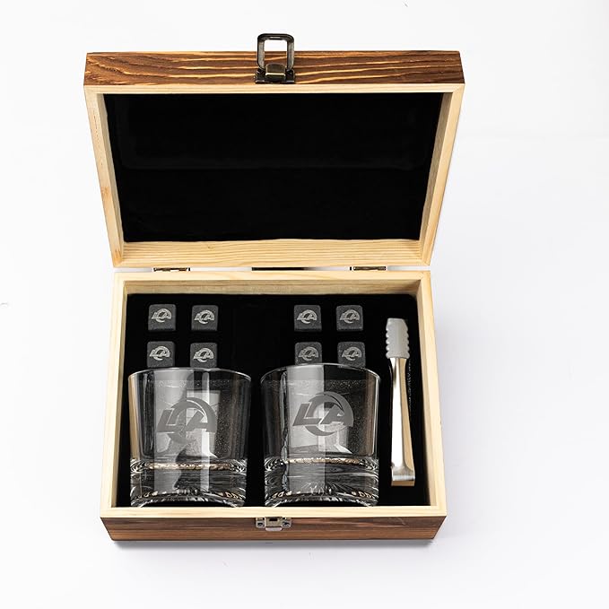 The Memory Company Officially Licensed NFL Wood Boxed Drinkware Set, with 2 Rocks Glasses and Cooling Cubes, Los Angeles Rams