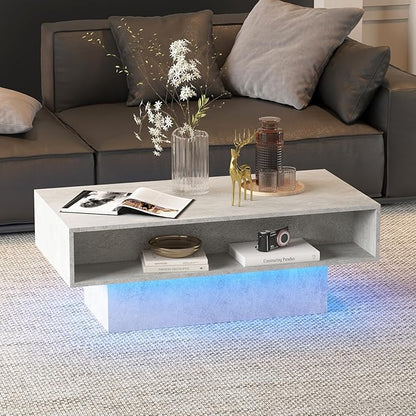 Grey Coffee Table with Storage, Rectangular Center Table for Living Room, Modern High Glossy Farmhouse Grey Coffee Table with 16 Colors LED Lights, Wooden Living Room Table, Pullout Storage