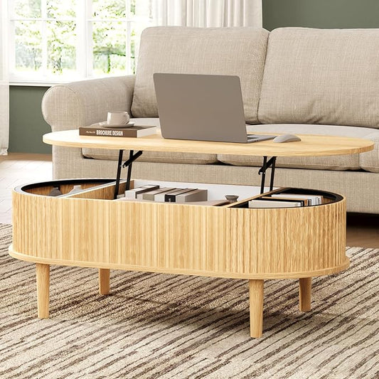BREEZEHEAT Fluted Lift Top Coffee Table, 39" Oval Coffee Table with Storage, Hidden Compartment & Fully Assembled Centre Table Oval Lift Tabletop for Living Room, Small Space, Home Office, Natural