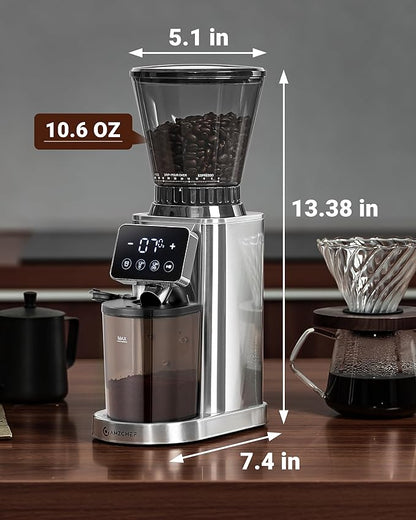 AMZCHEF Coffee Grinder, Coffee Bean Grinder for Home Use with Precise Grinding, LED Control Panel, Detachable Funnel Stand, Anti-static Design, 45 Grind Settings, Silver
