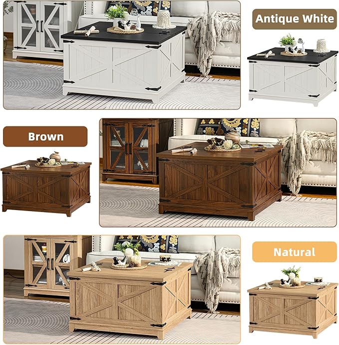 Farmhouse Coffee Table with Hidden Storage Space, Wood Square Large Center Table for Living Room, Farm House Rustic Brown Retro Coffee Tables with Hinged Lift Top for Meeting Room, Home