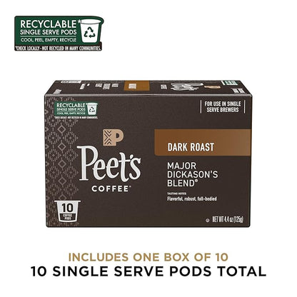 Peet's Coffee, Dark Roast Single Serve Coffee Pods - Major Dickason's Blend 10 Count (1 Box of 10 Pods)