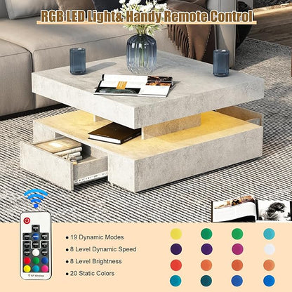 Grey LED Coffee Table with 2 Storage Drawers for Living Room Square Center Middle Table Modern Cocktail Table with Light 2-Tier Tea Tables Contemporary Mid Century Wood Home Office Waiting Room