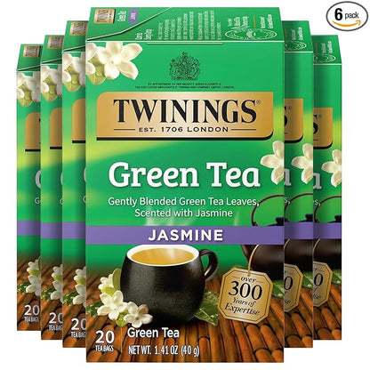 Twinings Green Tea with Jasmine Individually Wrapped Bags, 20 Count (Pack of 6), Fragrant Floral Scent, Caffeinated, Enjoy Hot or Iced, 120 Teabags