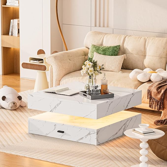 LED Coffee Table for Living Room, 2-Tier Living Room Table Square Center Table, Modern Coffee Tables with Storage, Middle Wooden Tea Tables for Home Office (Marble)