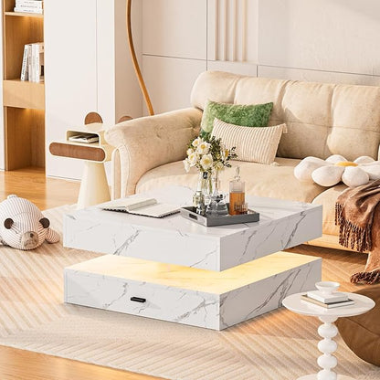 LED Coffee Table for Living Room, 2-Tier Living Room Table Square Center Table, Modern Coffee Tables with Storage, Middle Wooden Tea Tables for Home Office (Marble)