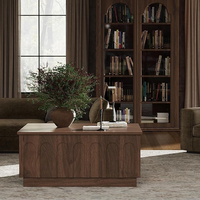 Lift Top Coffee Table with Storage, Mid Century Modern Coffee Table with Arched Design, 31.5" Square Tea Table with Wood Grain, Multifunctional Center Table for Living Room, Office, Walnut