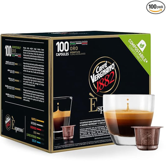 Caffe' Vergnano 1882 Medium Roast Espresso Original Line Machine Compatible Capsules, Arabica Robusta Espresso Coffee, Italian Coffee For Nespresso Coffee Machines, Intensity 4/10, Oro, 100 Ct