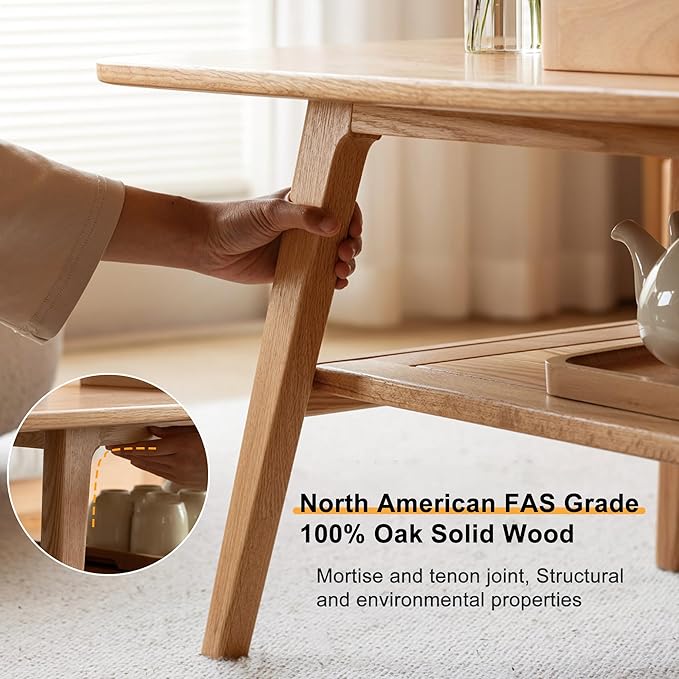 Modern Solid Wood Coffee Table, 2-Tier Small Wooden Coffee Table with Storage Shelf for Living Room, Apartment, Office, Natural (48''D x 22''W x 18''H)