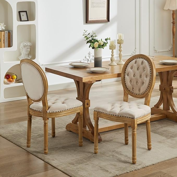 French Country Dining Chairs Set of 6, Vintage Wooden Dining Chairs with Fabric Upholstered Tufted Seat,Solid Wood Legs&Frame, Farmhouse Kitchen&Living Room Chairs(Beige,6 Pcs)