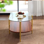 Load image into Gallery viewer, Glass and Wood Coffee Table, Mid Century Modern Design, Clear Glass Top, Solid Brown Storage MDF Shelf and Sturable Gold Legs for Small Space, Office, Department