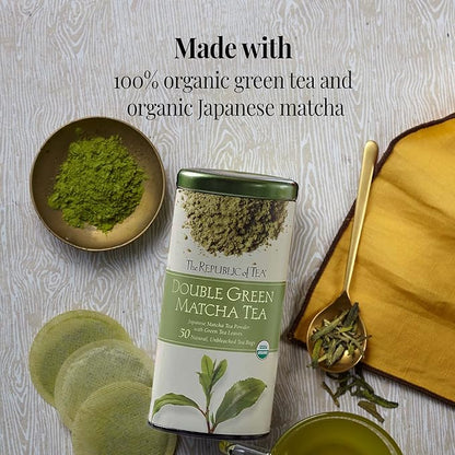 The Republic of Tea - Organic Double Green Matcha, Naturally Caffeinated Japanese Green Tea Powder and Leaves, Steeps 50 Cups