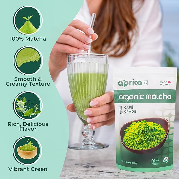 AprikaLife Organic Matcha Powder, USDA & JAS Certified, No Sugar Added, Authentic Japanese Cafe Grade Matcha Green Tea Powder Perfect for Matcha Lattes, Smoothies & Baking, 3.5 oz/100g