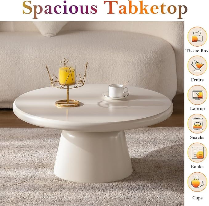 Chic Coffee Table with Smooth Fininsh & Stable Large Base, Minimalism Low Center Table for Farmhouse Living Room (J-Round)