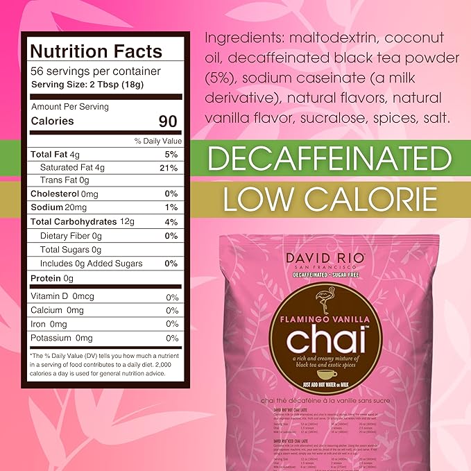 Flamingo Vanilla Decaffeinated Reduced Calorie Chai Tea Latte Mix, 48 Oz, Decaf Black Tea, Organic Spices, Sugar Free, Dairy Free, Serve Hot or Cold, Just Add Water or Milk, 56 Servings