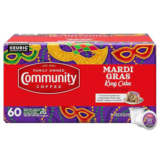 Community Coffee Mardi Gras King Cake Flavored, 60 Single-Serve Keurig K-Cup Pods, Medium Roast, 60 Count (Pack of 1)