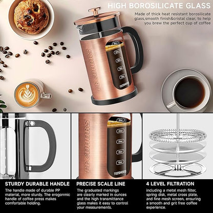 French Press Coffee Maker 34oz / 1 Quart 304 Stainless Steel Coffee Press,with 4 Filters System, Heat Resistant Thickness Borosilicate Glass, Brewed Coffee Pot (Copper)