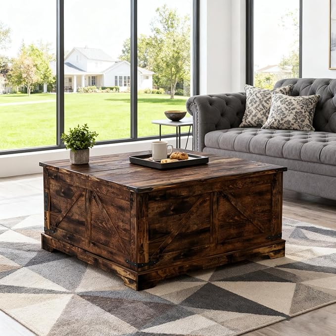 Coffee Table with Storage, 31.5" W Farmhouse Lift Top Wood Square Center Table with Charging Station, Rustic Cocktail Tables with Flip Top Lids for Living Room, Home Office, Rustic Brown