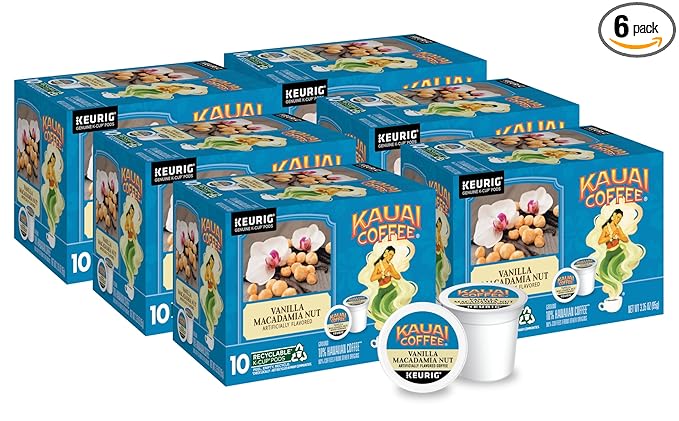 Kauai Coffee K-Cup Pods - Vanilla Macadamia Nut Flavor – Premium Arabica, 10 CT (Pack of 6)