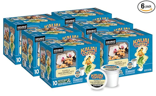 Kauai Coffee K-Cup Pods - Vanilla Macadamia Nut Flavor – Premium Arabica, 10 CT (Pack of 6)