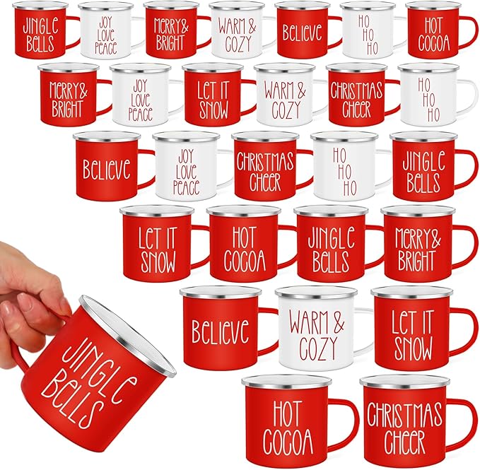 Sieral 27 Pcs Christmas Enamel Coffee Mugs 12 oz Winter Holiday Mugs with Quotes Seasonal White and Red Christmas Party Favor Cups Funny Novelty Xmas Coffee Cups for Women Men Coworkers Office