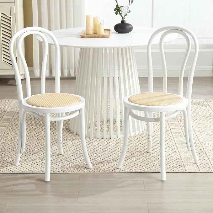 Kmax Vintage Dining Chairs Set of 2, Thonet Soild Wood Rattan Kitchen Chairs Armless French Country Dining Chairs for Wedding Hotel Dessert Shop Cafe, White