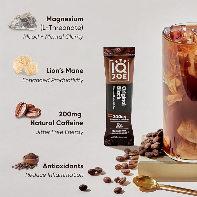 IQJOE Mushroom Coffee Packets (40 Servings) Lion’s Mane, Magtein Magnesium, Antioxidants, Adaptogens - Original Black - Instant Coffee for Focus, Clarity, Mood, Energy Boost - Sugar Free, Keto, Vegan