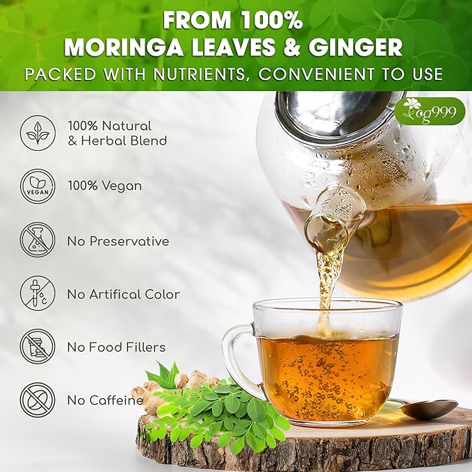 TOG999, Permium Moringa Ginger Herbal Tea – 120 Tea Bags – Caffeine-Free, Smooth & Warming Blend – Pure Ingredients, Sustainably Sourced. No Sugar. No Gluten. Vegan.