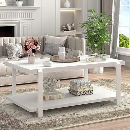 FOLUBAN White Coffee Table, Modern Rustic Wood and Metal Center Table with Storage Shelf, Rectangle Cocktail Tea Table for Living Room, 42 Inch