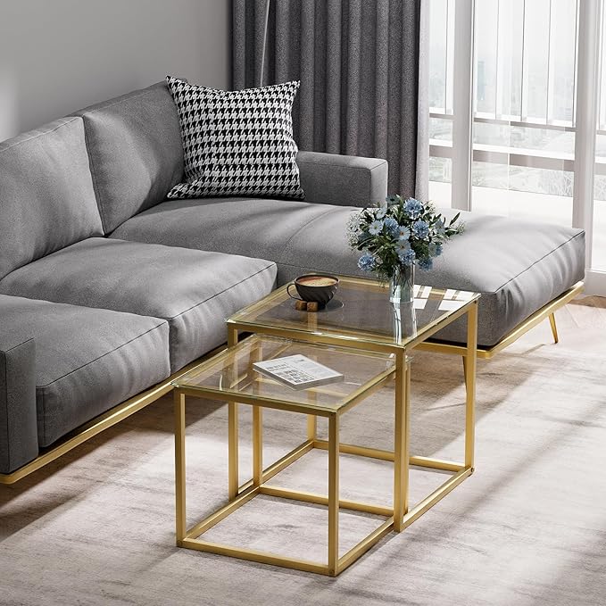 VILAWLENCE Coffee Table Set of 2, Modern Gold Glass Side Table, Metal Frame Square End Table, Center Tables Nesting Coffee Table for Living Room,Bedroom and Small Spaces