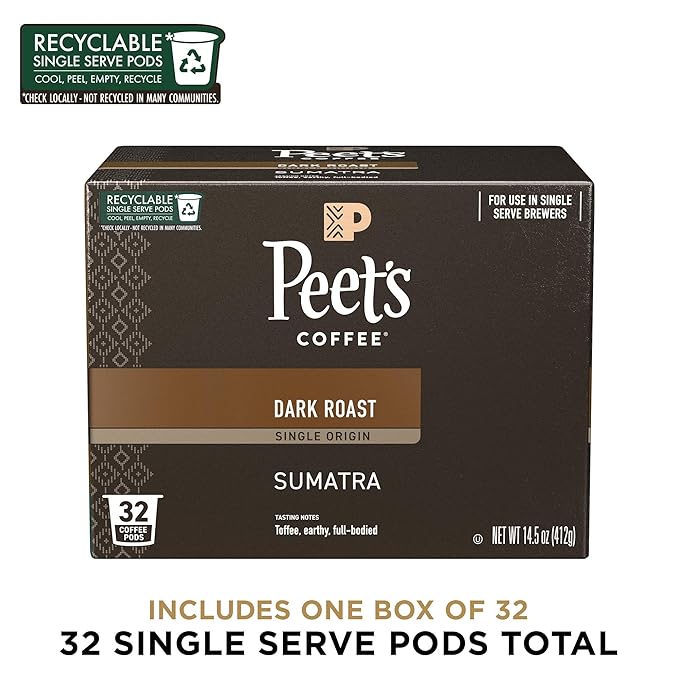 Peet's Coffee, Dark Roast Single Serve Coffee Pods - Single Origin Sumatra 64 Count (2 Boxes of 32 Pods)