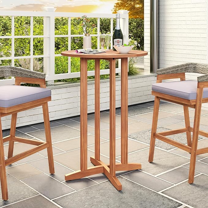 Tangkula Outdoor Acacia Wood Bar Table, 39" Patio Bar Height Round Table with Slatted Tabletop, High Top Bistro Dining Table, Pub Height Round Table for Garden, Deck, Porch and Yard