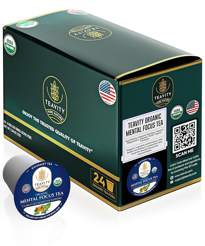 Teavity Organic Mental Focus Tea Pods (24 Count) - Moringa, Peppermint, Holy Basil & Turmeric - Naturally Decaf - Keurig Compatible
