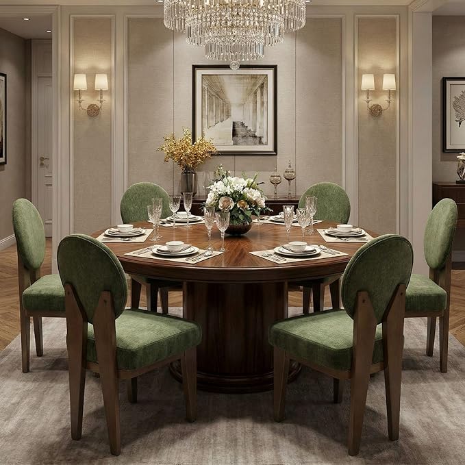 Mid-Century Modern Walnut Dining Chairs Set of 6, Vintage Green Wooden Kitchen Chairs, Retro Upholstered Velvet Cushioned Seat with Curved Backrest, Armless Accent Side Chair for Bedroom