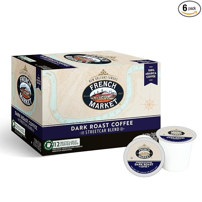 French Market Streetcar Blend Dark Roast Single Serve Coffee Pods, 12ct Box (Pack of 6)