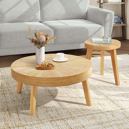 Farmhouse Round Coffee Table Set of 3, Boho Sofa Side Nesting Tables End Table Set with Wood Natural Finish for Living Room, Bedroom, Home Office,Natural