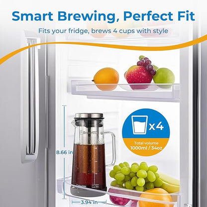 BrewMOO- Airtight Cold Brew Coffee Maker Pitcher, 1.0L/34Oz Thick Glass Carafe with Filter, Comfort Sturdy Handle & Wide Spout, Non-Slip Base | Iced Tea Maker (Black)
