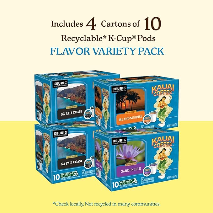 Kauai Coffee K-Cup Pods for Keurig Brewers – Arabica Coffee, 10% Hawaiian – Mild, Medium and Dark Roast, Rich, Smooth, No Bitterness – Three Flavors, 4 Packs of 10 Single Serve K-Cups