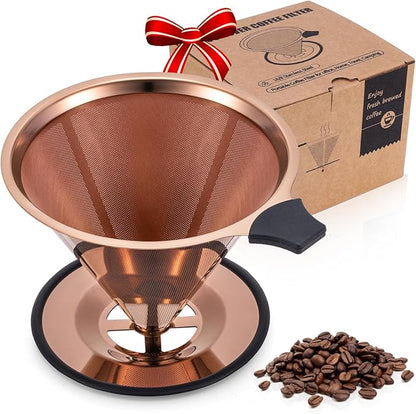 【2.0 Upgraded】 Pour Over Coffee Dripper, Stainless Steel Drip Cone Brewer, Reusable Metal Coffee Strainer with Non-Slip Ring & Handle, Paperless Pour Over Coffee Maker (2.0 Titanium Copper)