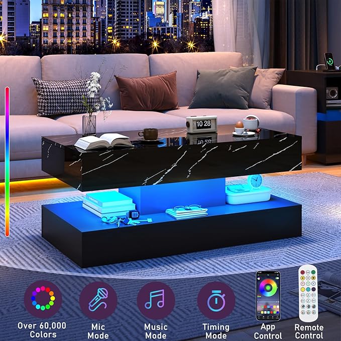 39.4" Large High-Glossy LED Coffee Table with 2 Sliding Drawers, Living Room Storage Coffee Tables with Marbling Print, Modern Stylish Double-Layer Center Tables w/LED Lights, Black