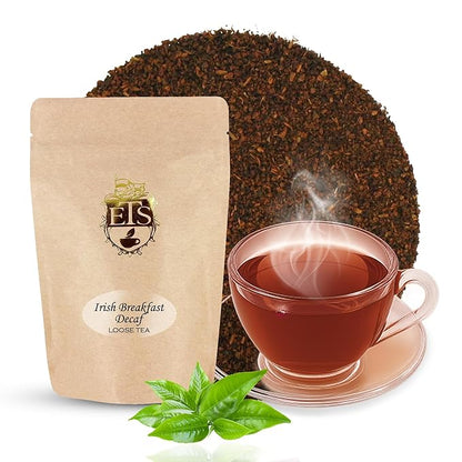 English Tea Store CO2 Decaffeinated Irish Breakfast Tea Pouches - 4oz | Loose Leaf Black Tea | Bold Full-Bodied Flavor | Blend of Assam and Kenyan Teas | Naturally Decaffeinated Using CO2 Process